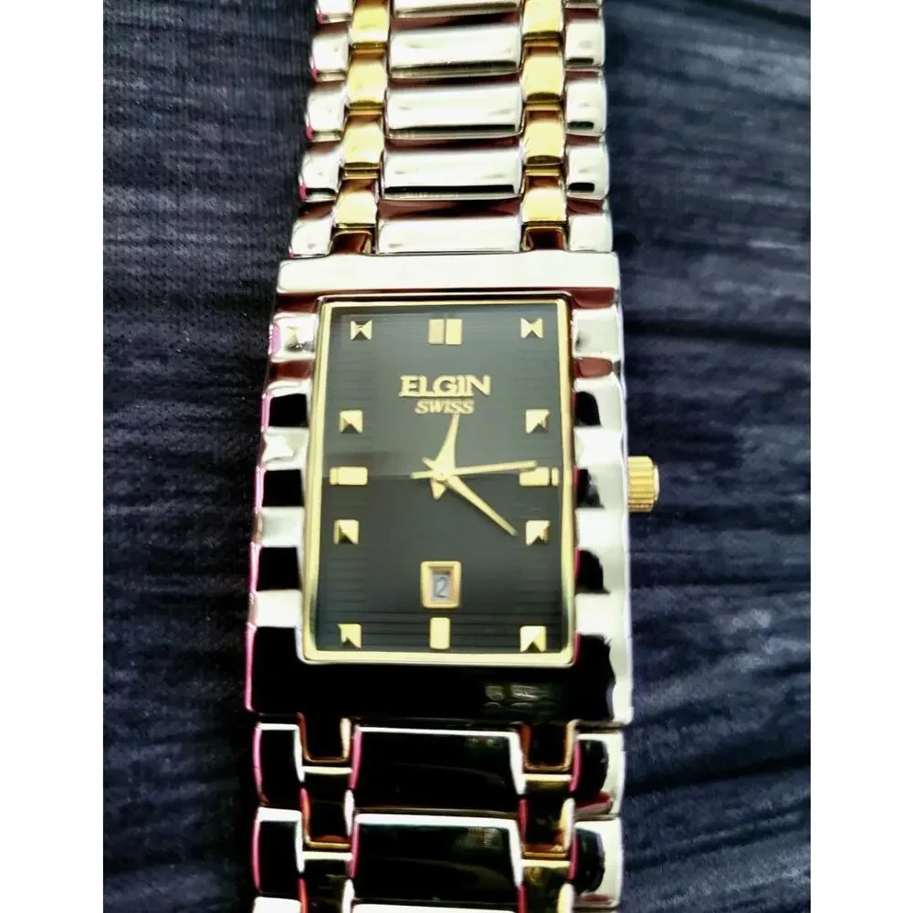 Very Rare Vintage Elgin Swiss‎  2 Tone Mens Retro Tank Watch